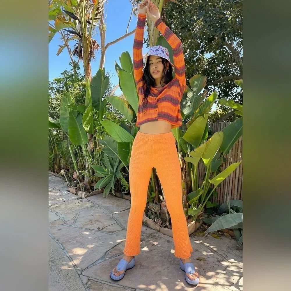 Lisa Says Gah Bec Ribbed Knit Flare Pants Orange
